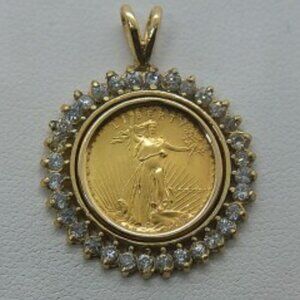 1987 $5 American Eagle Coin  with 14Kt 1.00 CT Natural Diamond Halo Pendant